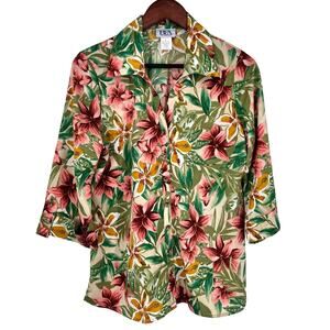 BFA Classics Womens Sz Medium Pink Green Tropical Beach Blouse Shirt Top Hawaii